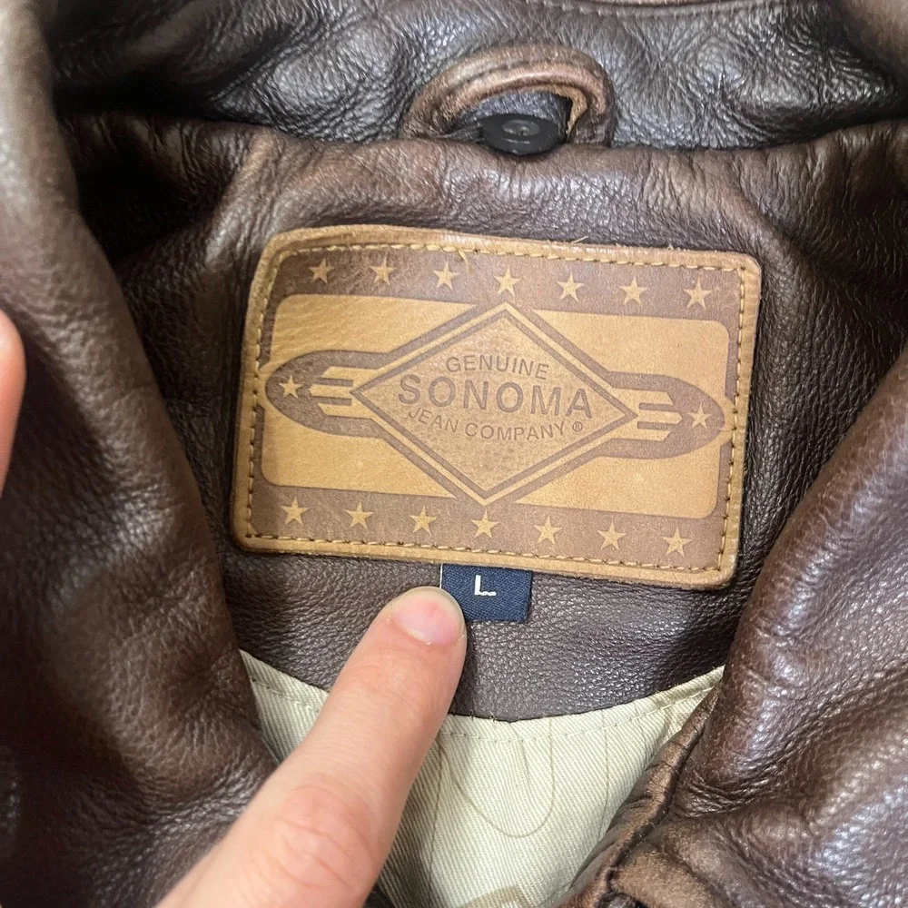 VTG Sonoma Distressed Genuine Leather Heavy Jacket Men L USA Flag